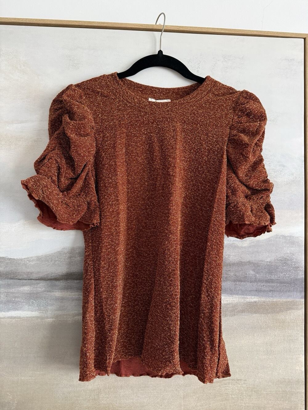 Moon River Anthropologie Orange Metallic Ruched Sleeve Stretch Top